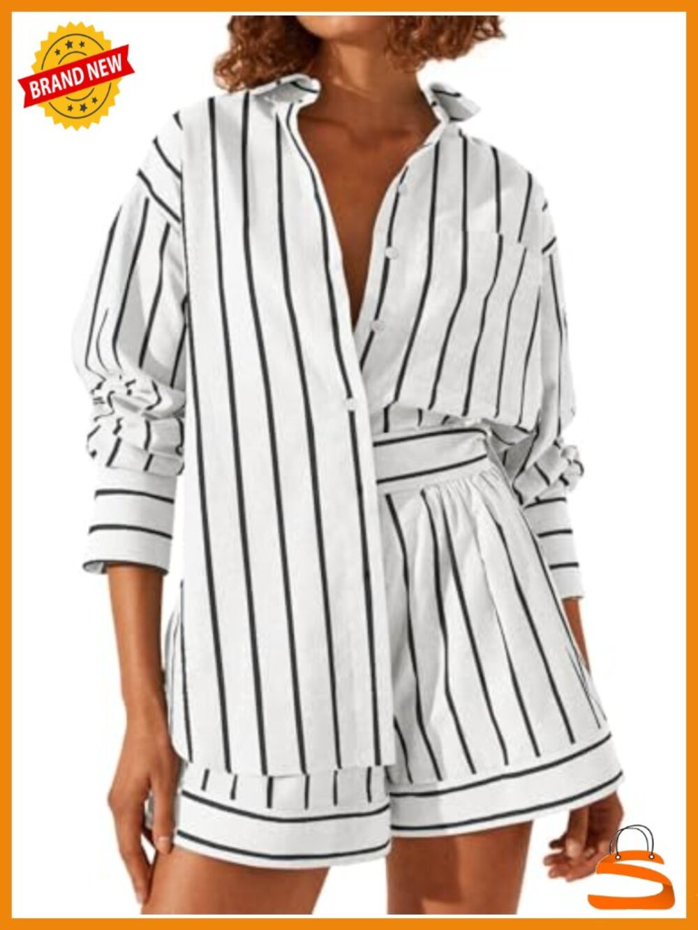 Women Striped Long Sleeve Button Down Shirt Matching Shorts Set